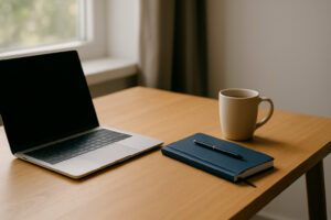 Espaço de trabalho minimalista com notebook e café, representando foco silencioso e geração de renda para pessoas introvertidas.
