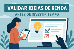 Ilustração digital mostrando a validação de ideias de renda antes de investir tempo